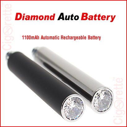 An elite auto e-cig eGo style rechargeable battery with a decorative diamond bottom that turns in to red LED light when vaping. It has a 1100mAh capacity and is activated automatically when inhaling from the tankomizer mouthpiece.