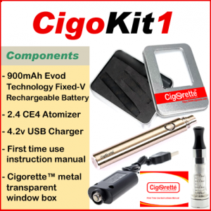 CigoKit1 from Cigorette Inc Canada is a smart and affordable starter kit that contains a 900mAh fixed-volt battery, atomizer, USB charger, & instruction manual. It is packaged in a Cigorette™ metal box