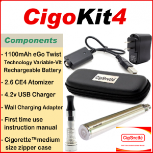 CigoKit4 from Cigorette Inc Canada is an affordable vaping starter Kit that contains a 1100mAh Variable-volt Twist battery, atomizer, USB charger, Wall charging unit, & instructions manual. It is packaged in a Cigorette™ medium leather zipper case.