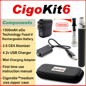 CigoKit6 from Cigorette Inc Canada is an affordable vaping starter Kit that contains a 1300mAh fixed-volt battery, atomizer, USB charger, Wall charging unit, & instructions manual. It is packaged in a Cigorette™ medium leather zipper case.