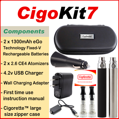 CigoKit7 from Cigorette Inc Canada is an affordable vaping starter Kit that contains two 1300mAh fixed-volt batteries, 2 atomizers, USB charger, Wall & car charging units, & instructions manual. It is packaged in a Cigorette™ large leather zipper case.