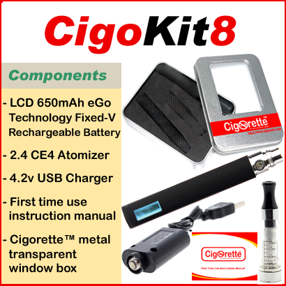 CigoKit8 from Cigorette Inc Canada is an affordable vaping starter Kit that contains LCD 650mAh fixed-volt battery, atomizer, USB charger, & instruction manual. It is packaged in a Cigorette™ metal box