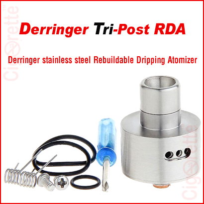 A 510 threaded Derringer tri-post RDA of adjustable airflow control and rebuildable coil atomizer system