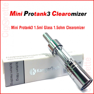 A 510 threaded Mini Protank-3 clearomizer of 1.5 ml tank volume and 1.5 ohm bottom dual coil resistance