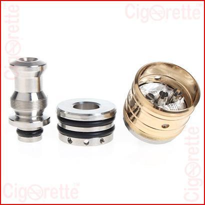 A 510 threaded Trident gold plated tri-post RDA of removable drip tip and adjustable airflow control