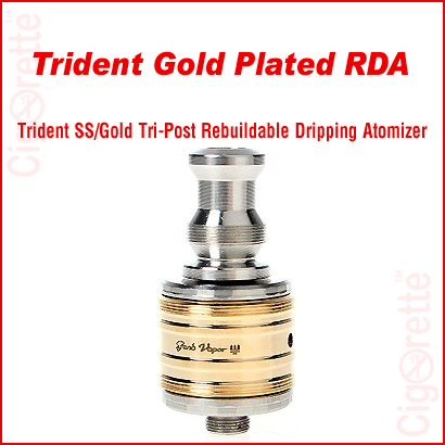 A 510 threaded Trident gold plated tri-post RDA of removable drip tip and adjustable airflow control