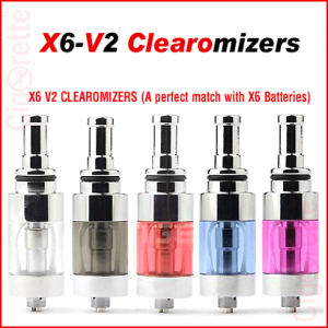 A 510 threaded X6-V2 clearomizer of 2.5ml tank volume and 2.2ohm coil resistance