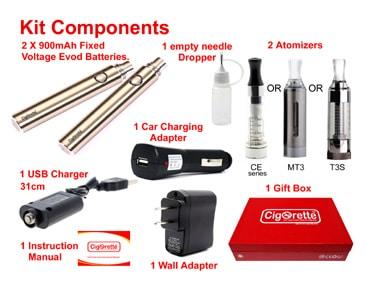 CigoGift2 starter kit from Cigorette Inc contains 2 fixed-v 900mAh batteries, 2 atomizers, USB charger, wall charger, car charger, needle dropper, manual, & gift box