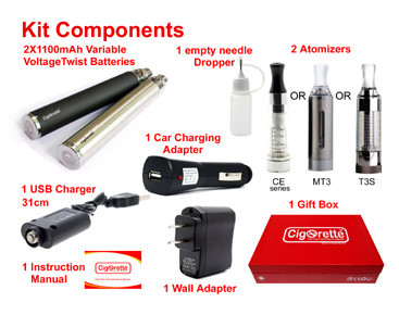 CigoGift4 Kit from Cigorette Inc contains 2 Variable-V 1100mAh batteries, 2 atomizers, USB charger, wall charger, car charger, needle dropper, manual & gift box