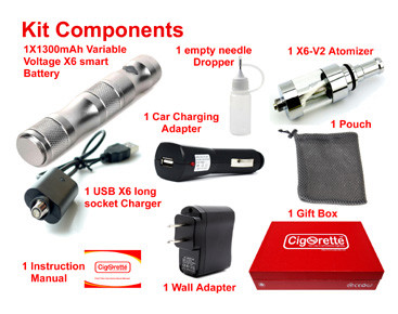 CigoGift5 kit from Cigorette Inc contains X6 Variable 1300mAh battery, X6V2 atomizer, USB charger, wall charger, car charger, needle dropper, manual & gift box