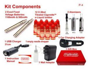 CigoQuit1 quit smoking aid kit from Cigorette Inc is for heavy smokers and contains 12 e-liquid bottles of different strengths and time-framed consumption order. Also, contains 2 batteries, 2 atomizers, USB charger, wall charging adapter, car charging adapter. empty stainless needle dropper, first time use instruction manual, & packed in a Cigorette™ elite gift box.