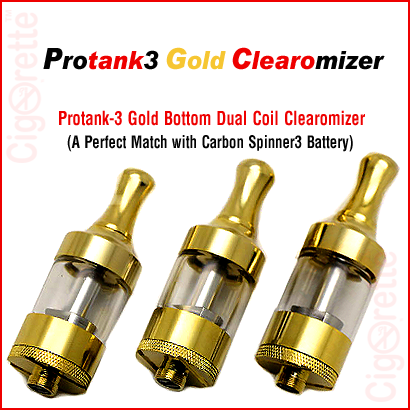 A 510 threaded Protank-3 gold clearomizer is a perfect match with Carbon Spinner-3 battery