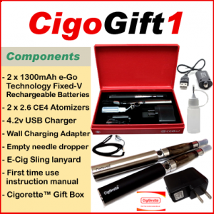 CigoGift1 starter kit from Cigorette Inc contains 2 fixed-v 1300mAh batteries, 2 atomizers, USB charger, wall charger, needle dropper, sling lanyard, manual, & gift box