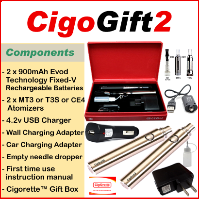 CigoGift2 starter kit from Cigorette Inc contains 2 fixed-v 900mAh batteries, 2 atomizers, USB charger, wall charger, car charger, needle dropper, manual, & gift box