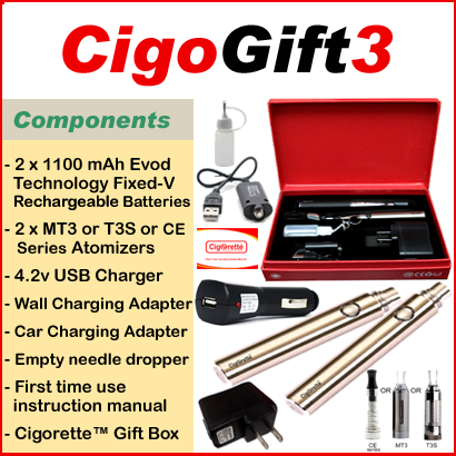 CigoGift3 starter kit from Cigorette Inc contains 2 fixed-v 1100mAh batteries, 2 atomizers, USB charger, wall charger, car charger, needle dropper, manual, & gift box