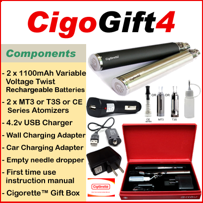 CigoGift4 Kit from Cigorette Inc contains 2 Variable-V 1100mAh batteries, 2 atomizers, USB charger, wall charger, car charger, needle dropper, manual & gift box