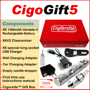 CigoGift5 kit from Cigorette Inc contains X6 Variable 1300mAh battery, X6V2 atomizer, USB charger, wall charger, car charger, needle dropper, manual & gift box