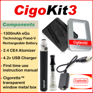 CigoKit3 from Cigorette Inc Canada is an affordable vaping starter Kit that contains a 1300mAh fixed-volt battery, atomizer, USB charger, & instruction manual. It is packaged in a Cigorette™ metal box