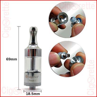 A 510 threaded Protank-3 clearomizer of 2.5ml tank volume and 2.0 ohm bottom dual coil resistance