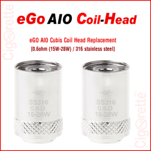 An eGo AIO / Cubis Tank 316 Stainless Steel Coil Head replacement. It has a 0.6ohm resistance and a wattage range from 15 to 28 Watt